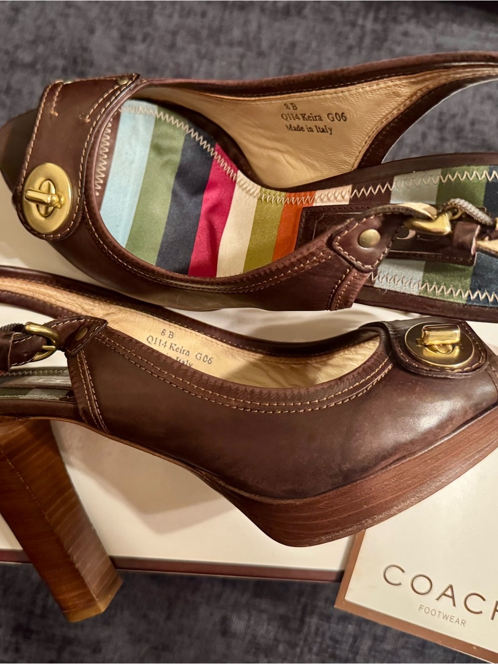 Coach Brown Leather Peep-Toe Slingback Heels with Gold Hardware